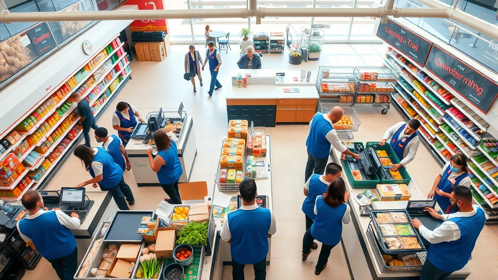 Overhead view of diverse supermarket employees in blue vests working collaboratively at checkout stations and customer service desk in bright, modern retail environment with natural lighting