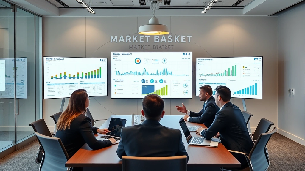 Professional business meeting in contemporary conference room with market basket company executives reviewing digital analytics dashboards on large screens and discussing strategic initiatives
