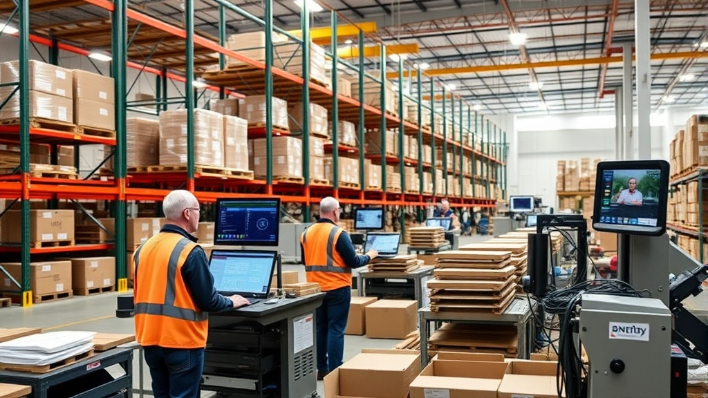 Warehouse facility with employees operating modern inventory management systems and automated sorting equipment, demonstrating technological modernization in supply chain operations