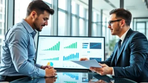 Professional business executives in modern conference room reviewing growth strategy charts and financial data on digital displays, confident expressions, natural lighting, corporate environment