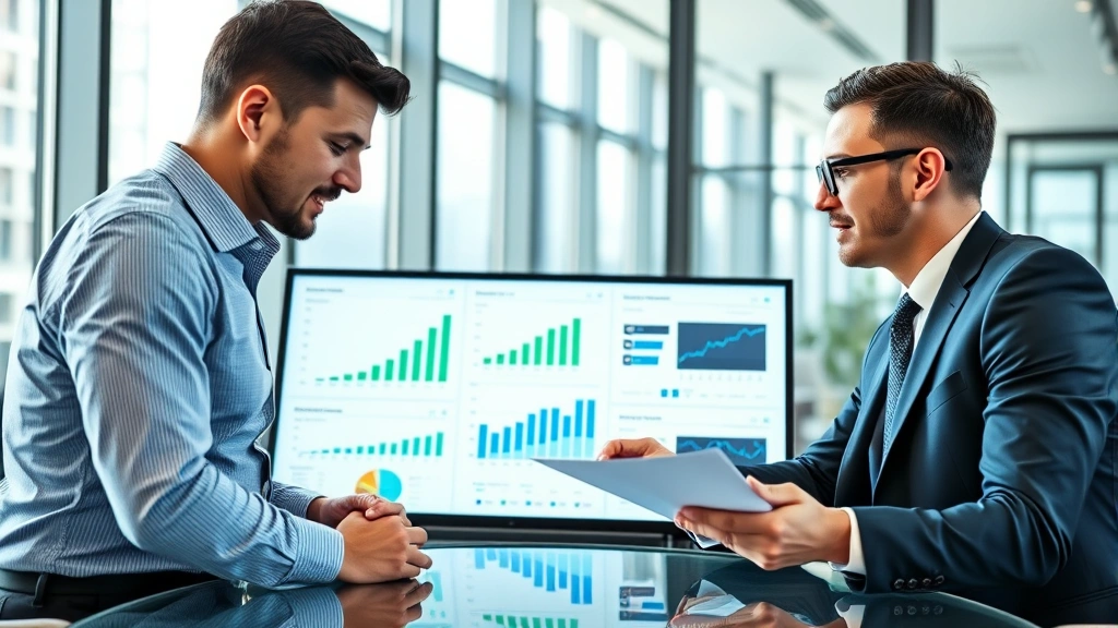 Professional business executives in modern conference room reviewing growth strategy charts and financial data on digital displays, confident expressions, natural lighting, corporate environment