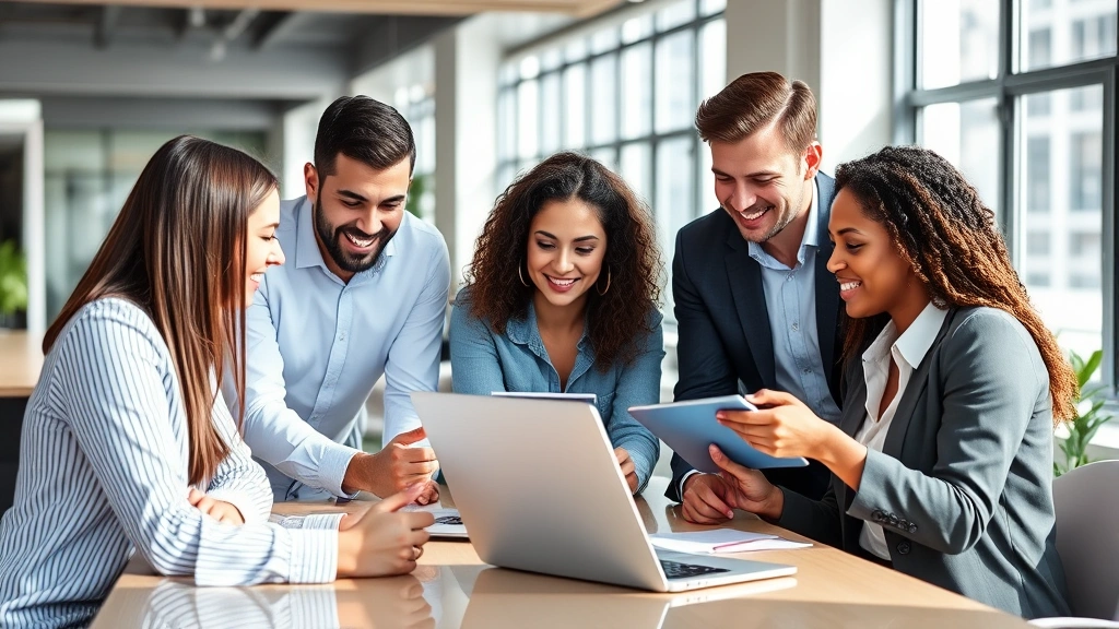 Team of diverse professionals collaborating on laptop and tablet devices in contemporary office space, analyzing market data and growth metrics, bright workspace with windows