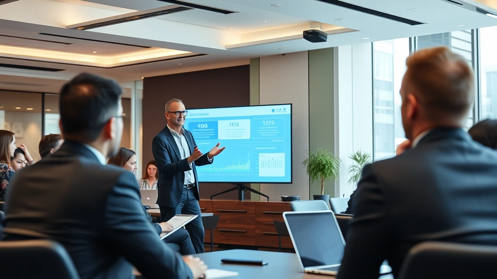 Successful business leader presenting strategic insights to engaged stakeholders in upscale corporate setting, modern presentation technology, professional attire, focused audience