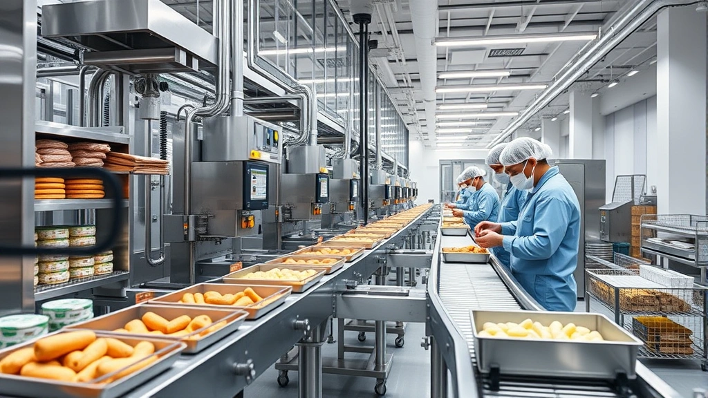 Modern food manufacturing facility with stainless steel equipment, conveyor belts, and professional workers in hygiene gear inspecting products, bright industrial lighting, professional quality control atmosphere