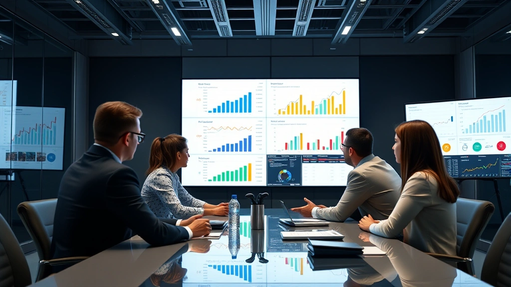 Executive team in contemporary conference room analyzing growth charts and market data on large display screens, diverse business professionals collaborating strategically, modern corporate environment