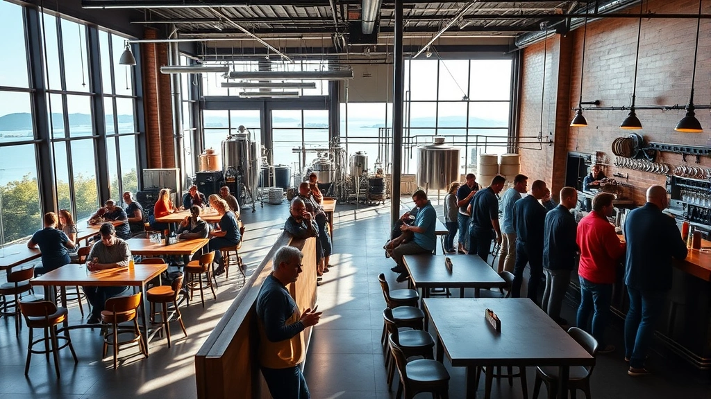 Modern craft brewery taproom with open seating, natural light streaming through large windows, exposed brewing equipment visible in background, diverse customers at bar and communal tables, island landscape visible through windows, contemporary industrial design aesthetic, professional photography