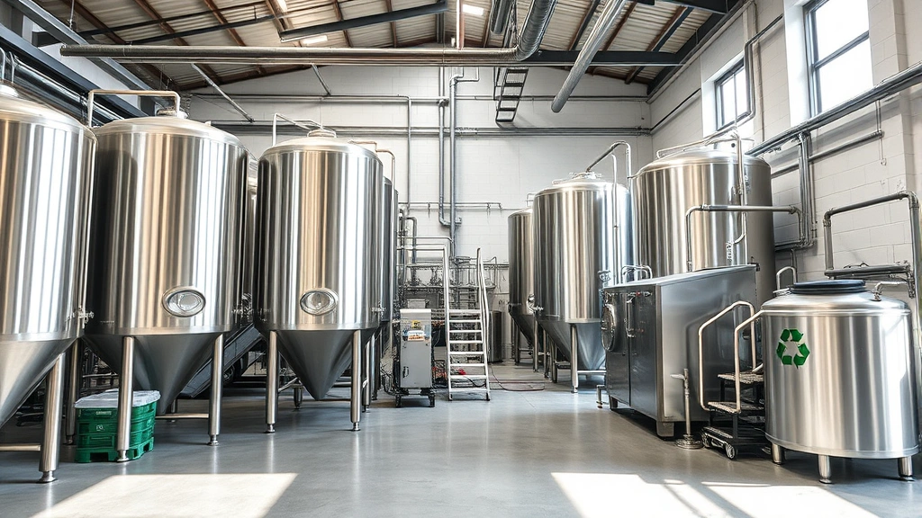 Sustainable brewery operations detail: stainless steel brewing tanks, water conservation systems, recycling and composting stations integrated into facility, modern brewing equipment, clean professional industrial environment, natural light, no signage or text visible in frame