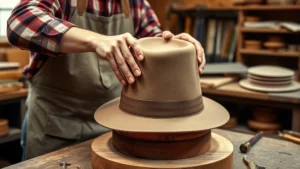 Master hat craftsperson shaping premium felt hat body on wooden block form, hands carefully stretching material with traditional tools in well-lit artisanal workshop setting