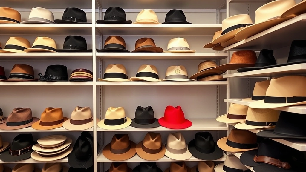 Organized shelves displaying finished quality hats in various styles and colors, professional retail environment showing fedoras, cowboy hats, and contemporary designs with clear visibility