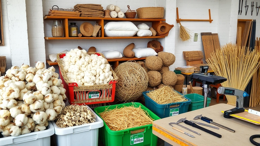 Sustainable production workspace showing natural fiber materials including wool, cotton, and straw organized in bins, with quality control inspection station and measurement tools visible