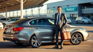 Professional business traveler standing beside rental car at Medford airport, modern sedan, professional attire, morning light, outdoor parking structure, confident posture