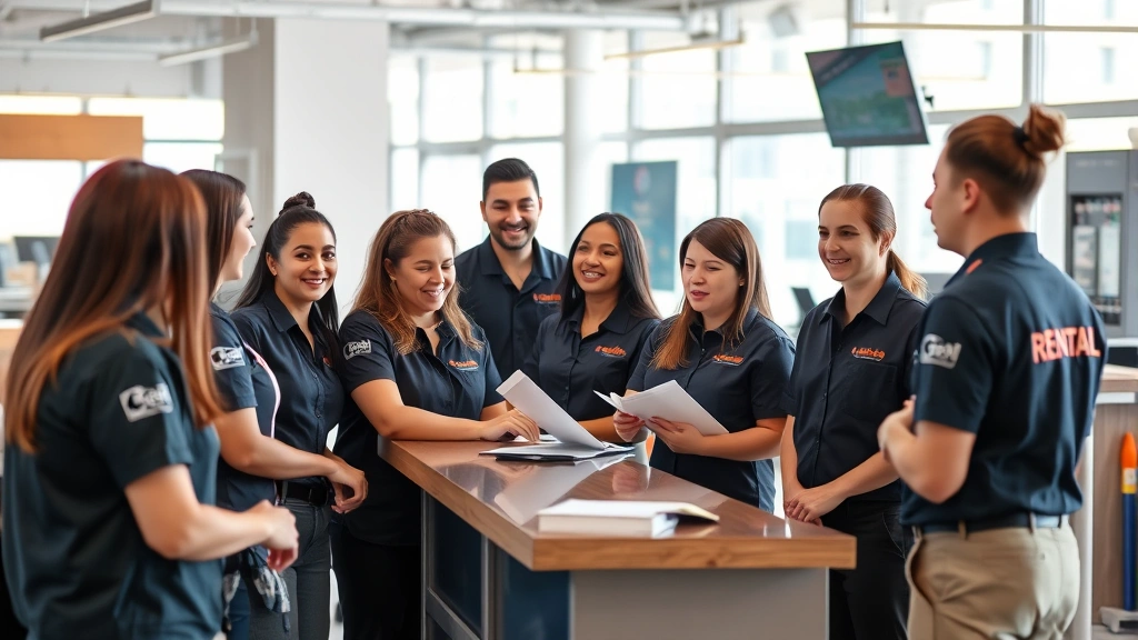 Diverse group of rental company employees in branded uniforms assisting customers at rental counter, modern office interior, professional service environment, natural lighting