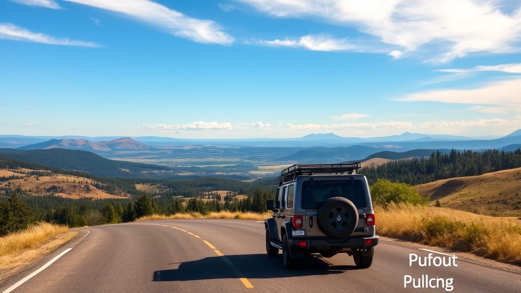 Scenic Medford Oregon landscape with rental vehicle on mountain road, Rogue Valley vista, clear weather, vehicle in motion, scenic pullout background