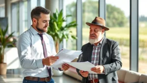 Professional insurance agent in modern office discussing farm property coverage with agricultural business owner, both reviewing policy documents, natural lighting, corporate setting