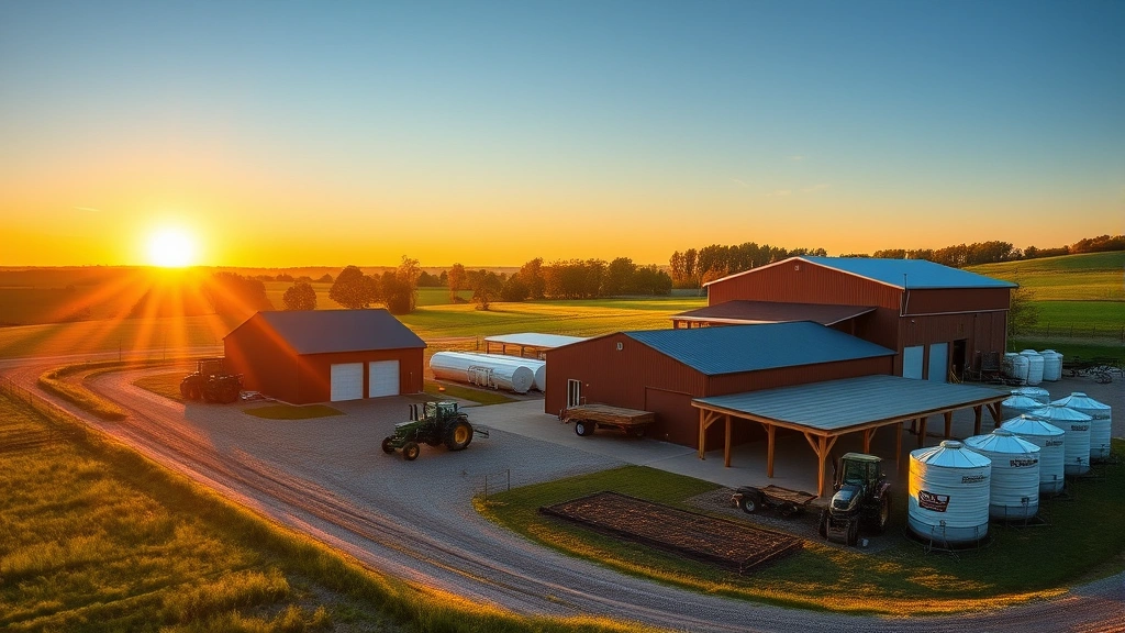 Agricultural property with modern farm buildings and equipment during golden hour, rural landscape demonstrating property insurance value, peaceful countryside environment