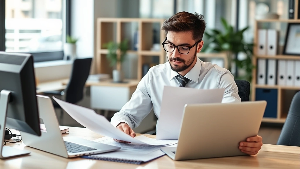 Business owner reviewing insurance claim documentation at desk with laptop and filing documents, professional office environment, focused expression, modern workspace