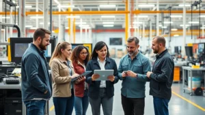 Professional manufacturing facility with modern equipment and workers collaborating at production floor, bright industrial lighting, diverse team reviewing operations data on tablets, contemporary factory setting with organized workstations