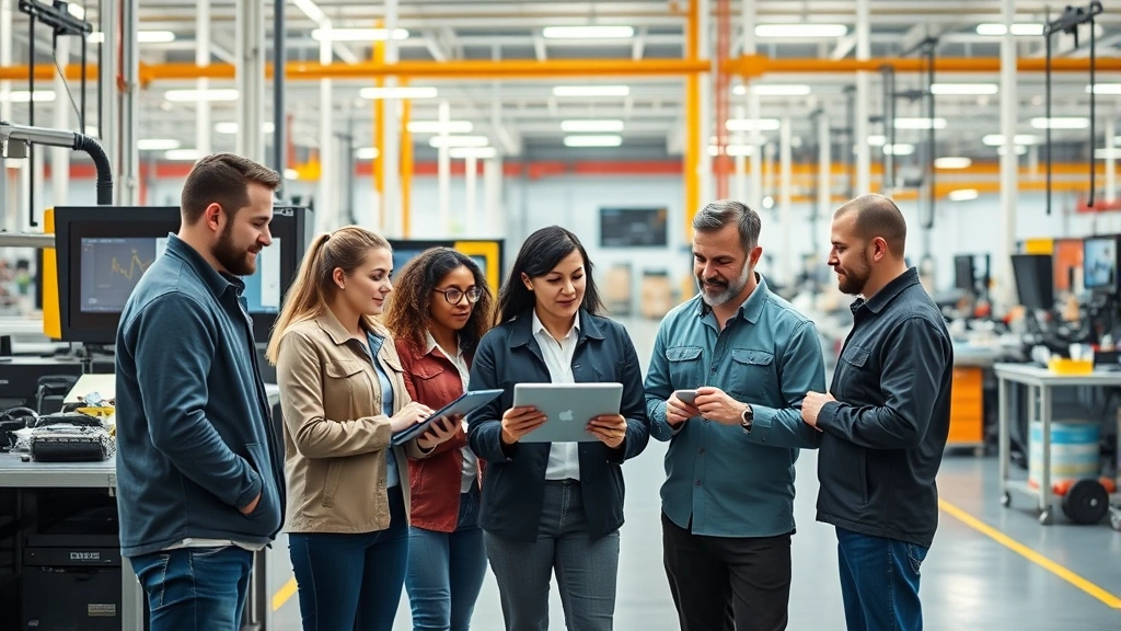 Professional manufacturing facility with modern equipment and workers collaborating at production floor, bright industrial lighting, diverse team reviewing operations data on tablets, contemporary factory setting with organized workstations