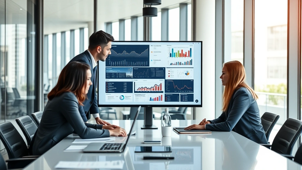 Corporate executives in modern office conducting strategic planning session around conference table, reviewing business analytics on large monitor, professional attire, contemporary glass-walled meeting room with natural lighting, serious focused discussion atmosphere