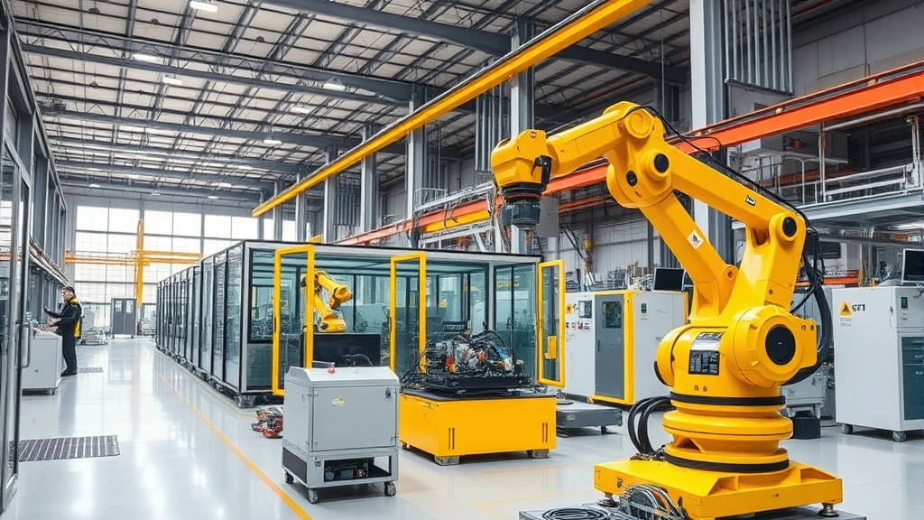 Industrial manufacturing plant interior showing automated machinery and robotic systems in operation, precision equipment producing components, clean organized factory floor with safety protocols visible, modern technology integration in production environment