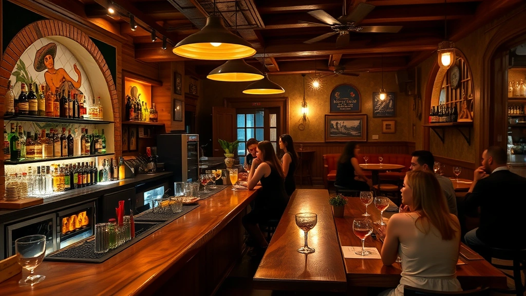 Upscale Mexican bar interior with rustic wood bar counter, hand-painted tiles, warm ambient lighting, customers enjoying cocktails in sophisticated setting, authentic décor without stereotypes