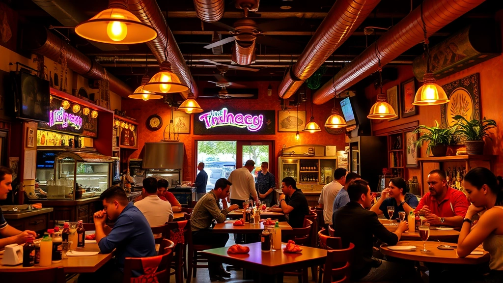 Mexican bar restaurant dining area with customers enjoying food and drinks, vibrant warm lighting, authentic decorative elements, engaged staff serving tables, lively atmosphere suggesting successful operation