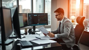 Professional insurance underwriter reviewing policy documents and risk assessment reports at modern corporate office desk with computer monitors