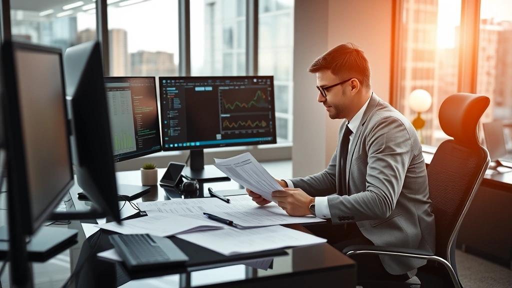 Professional insurance underwriter reviewing policy documents and risk assessment reports at modern corporate office desk with computer monitors