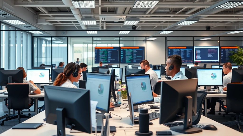 Insurance company operations center with multiple team members handling customer service calls and claims processing in collaborative workspace environment