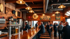 Professional brewery taproom interior with wooden bar, craft beer taps, warm lighting, and customers enjoying beverages in casual comfortable setting