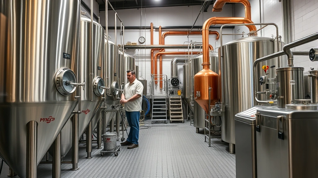 Craft brewery production floor showing stainless steel fermentation tanks, copper brewing equipment, and modern quality control setup with professional technicians
