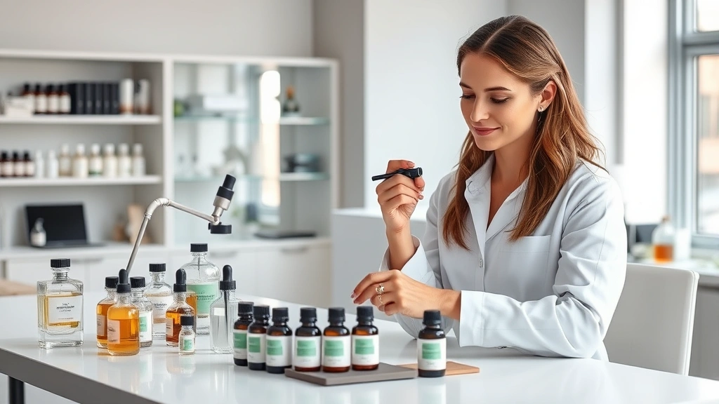 Professional female fragrance expert conducting scent evaluation in modern laboratory setting with essential oil bottles and testing materials on clean desk