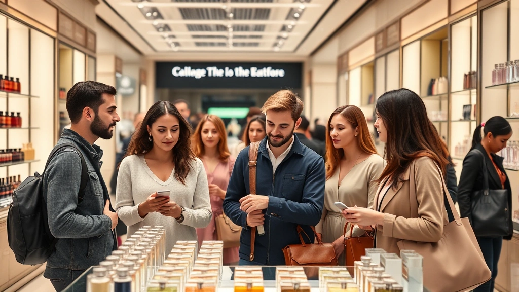 Diverse group of Midwest shoppers browsing premium fragrance display in upscale department store with elegant lighting and organized product presentation