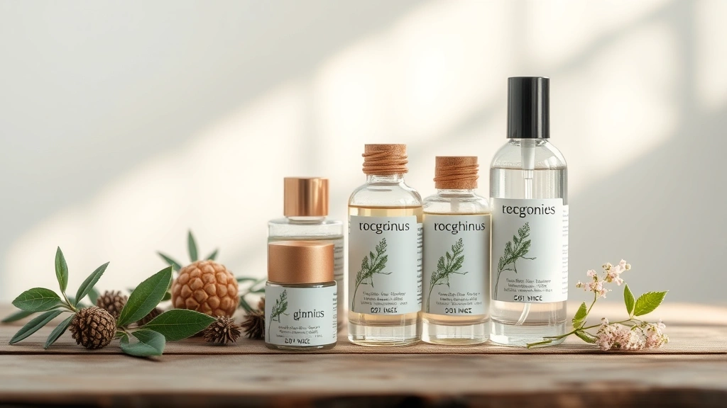 Sustainable fragrance packaging featuring recycled materials, natural botanical elements, and minimalist design on wooden surface with natural lighting