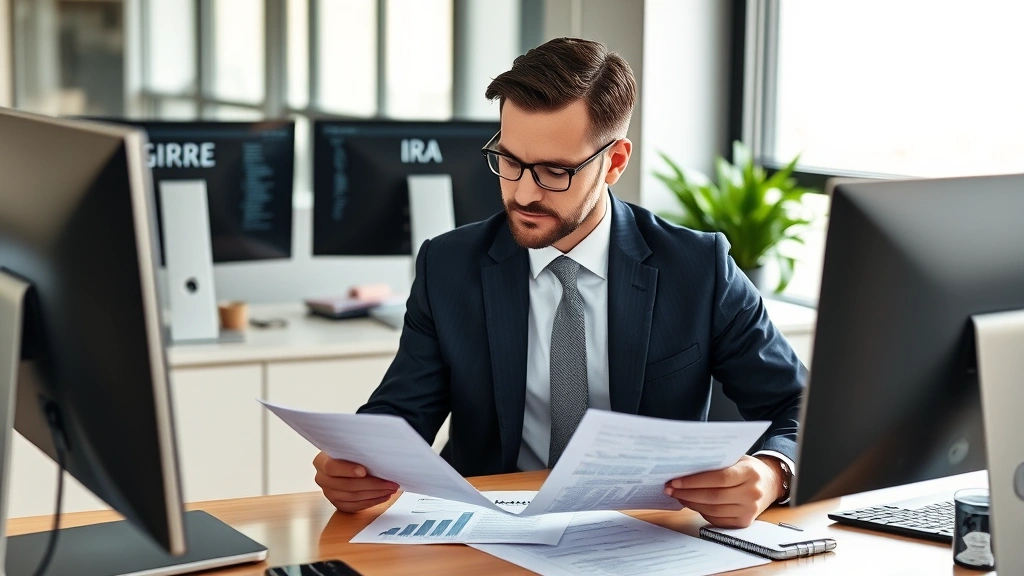 Professional financial advisor in business suit reviewing retirement account statements and self-directed IRA documentation at modern office desk with computer monitors