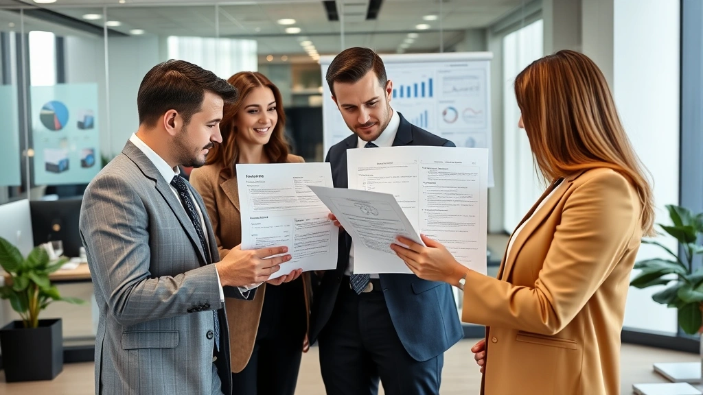Professional business team reviewing financial documents and compliance protocols in corporate office setting with charts and regulatory compliance materials
