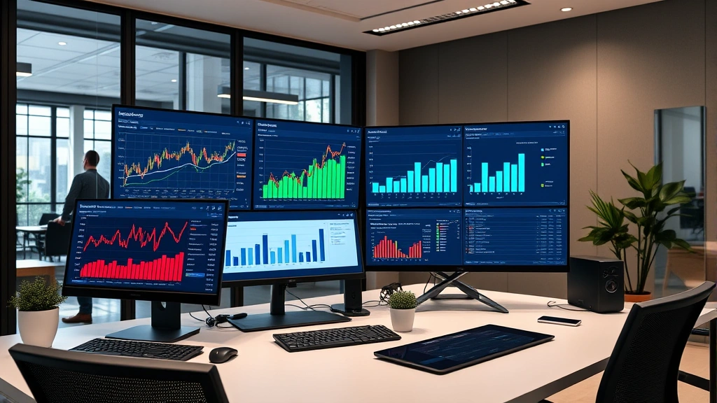 Modern digital workspace with financial data visualization and retirement planning software displayed on multiple screens showing portfolio management dashboard