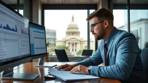 Professional businessman reviewing business documents and company records on computer screen in modern office environment with Minnesota state capitol building visible through window