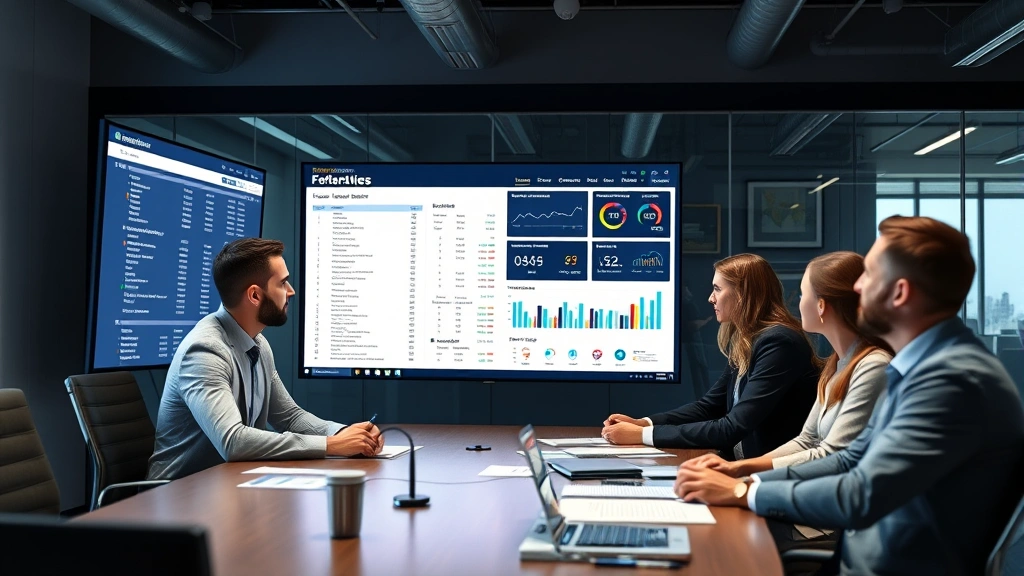 Team of business professionals in conference room analyzing company data on large monitor displaying business search results and financial information