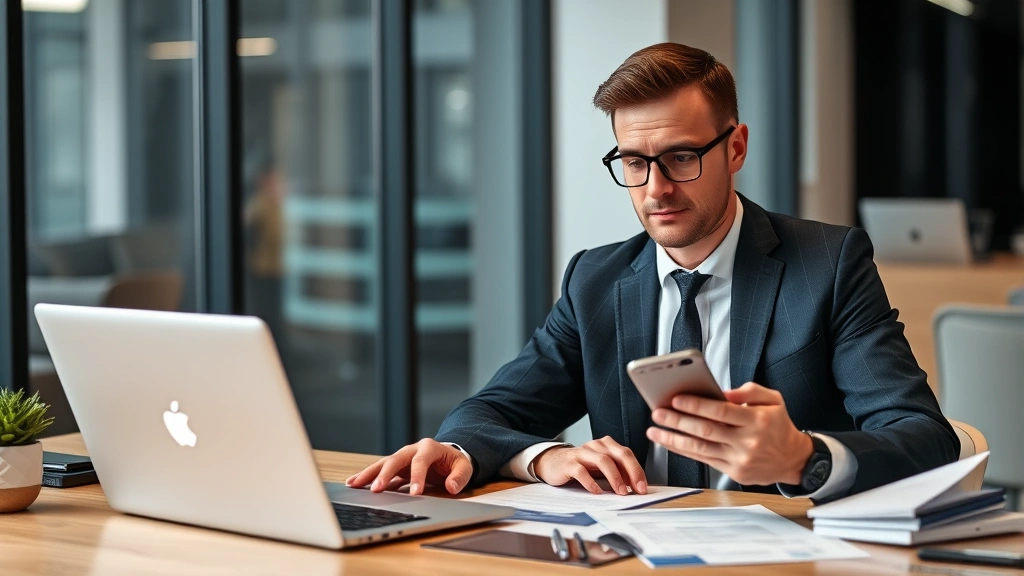 Professional businessman reviewing smartphone data plans and service options at modern office desk with laptop and documents, focused analytical expression evaluating mobile carrier choices