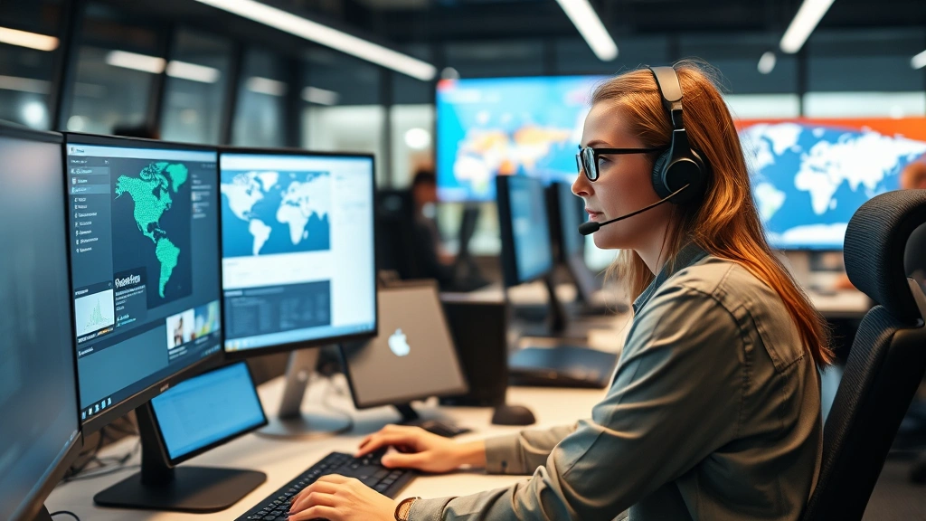 Customer service representative in modern call center providing support, wearing headset at workstation with multiple monitors displaying account information and network coverage maps