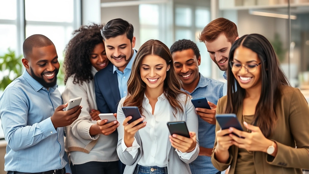 Diverse group of professionals in casual office environment using smartphones with confident expressions, demonstrating reliable mobile connectivity during business collaboration and communication