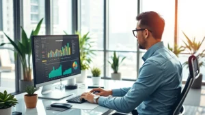 Professional business analyst working at modern desk with computer displaying company data dashboard, filtered sunlight through office windows, focused on research work, corporate environment with plants and professional decor