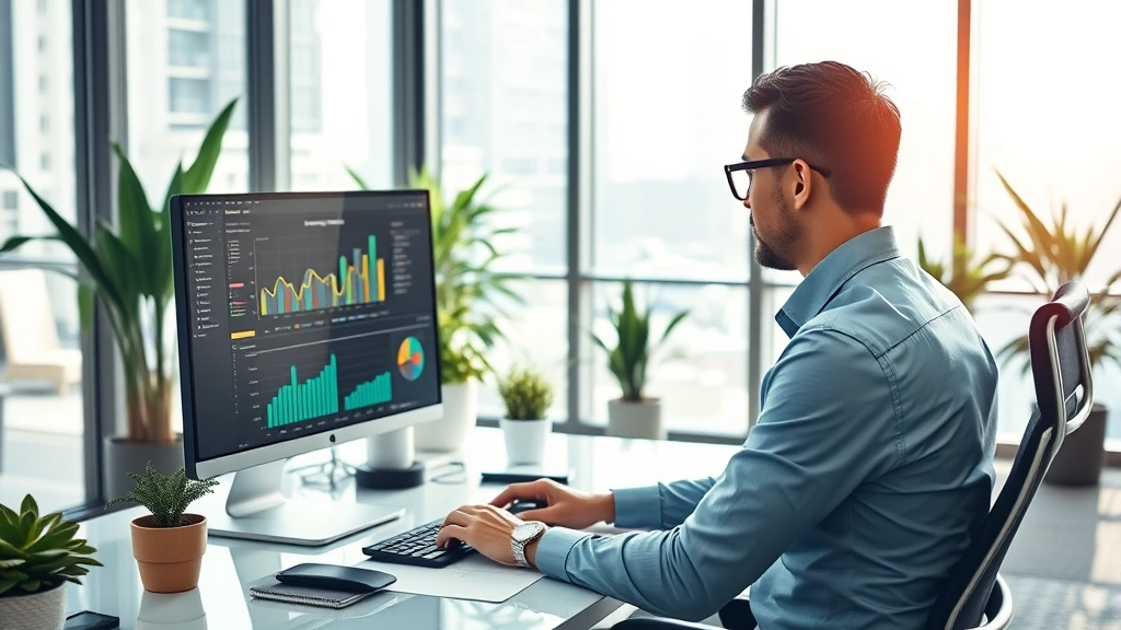 Professional business analyst working at modern desk with computer displaying company data dashboard, filtered sunlight through office windows, focused on research work, corporate environment with plants and professional decor