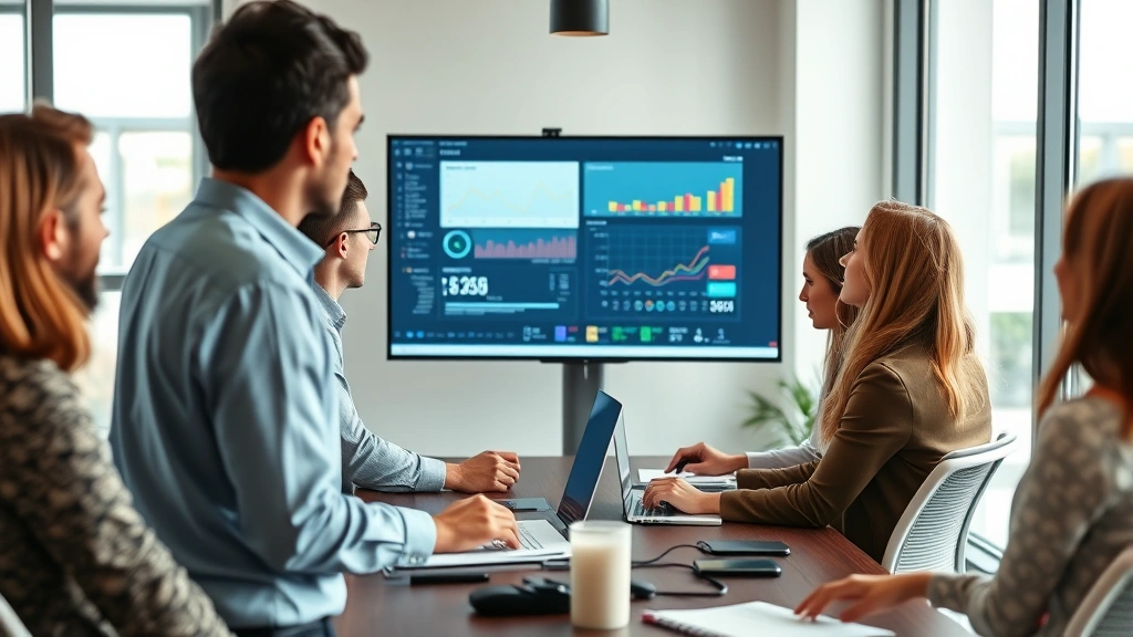 Diverse team of business professionals in casual meeting room reviewing data on large monitor together, collaborative atmosphere, charts and graphs visible on screen, modern office setting with natural lighting