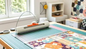 Professional quilter's workspace showing organized rotary cutting tools, quilting ruler, self-healing mat, and fabric pieces arranged for cutting, bright natural lighting highlighting precision equipment