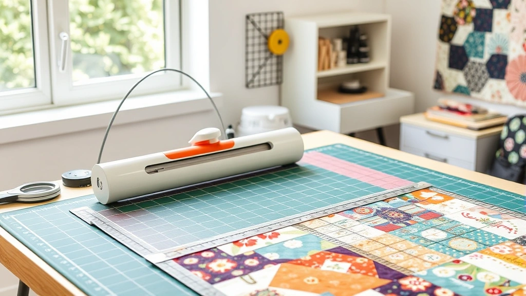 Professional quilter's workspace showing organized rotary cutting tools, quilting ruler, self-healing mat, and fabric pieces arranged for cutting, bright natural lighting highlighting precision equipment