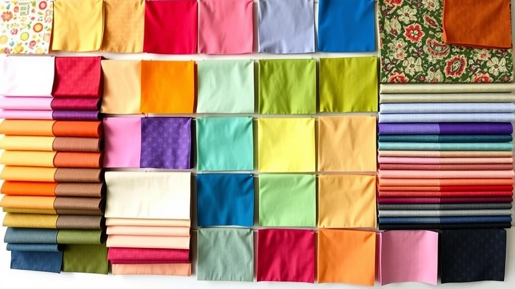 Colorful fabric swatches and fat quarters arranged on design wall showing color coordination, value contrast, and complementary color combinations for quilt planning
