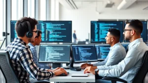 Professional software development team of diverse engineers collaborating at modern workstations with multiple monitors displaying code, in bright contemporary office environment with natural lighting
