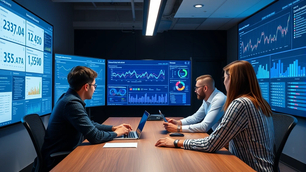 Experienced development team reviewing application metrics and performance dashboards on large display screens, engaged in technical discussion around collaborative workspace table